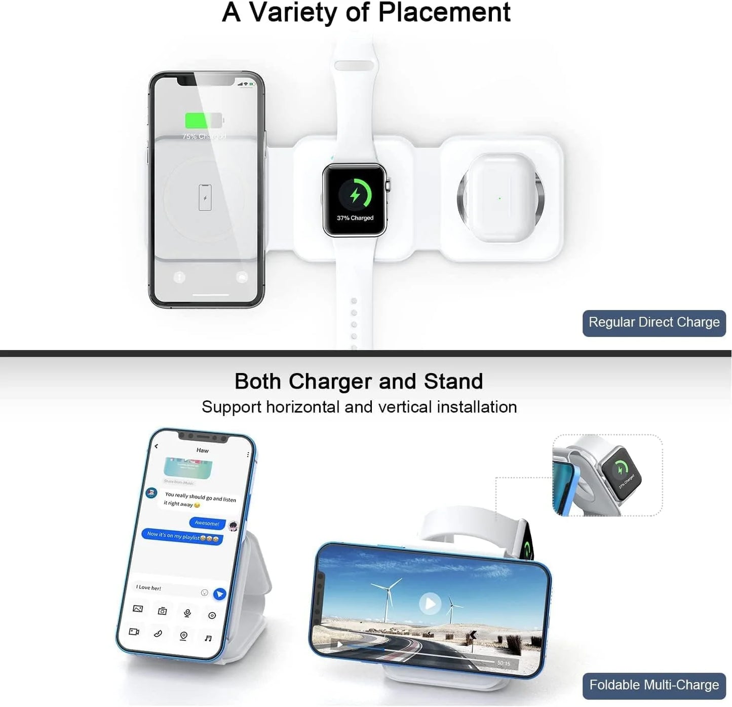 3 in 1 Wireless Charging Station, KIYOSAKI Upgrade Foldable Wireless Charger Magnetic Fast Wireless Charging Pad, Compatible with iPhone 14/13/12/11 Series, Apple Watch, AirPods Pro (White)
